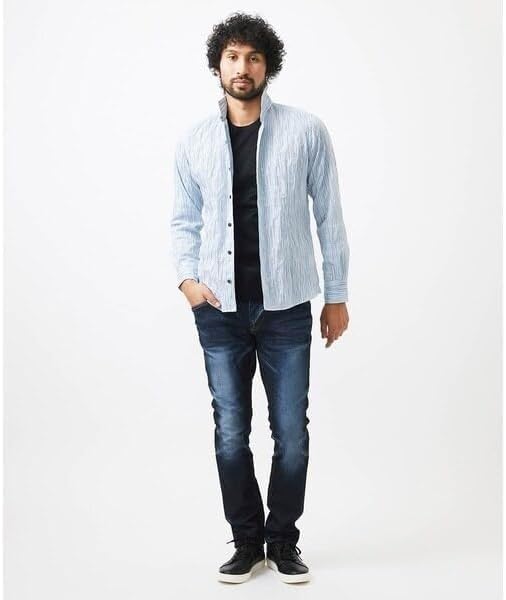 【関税込み】[ミッシェルクランオム] ストライプタックスタンドカラー長袖シャツ