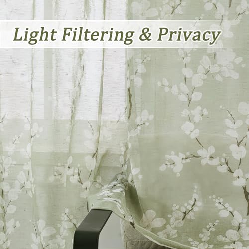 Image of FMFUNCTEX Linen Sheer Blossom Floral Curtains Sage Green 84 Inch 2 Panels