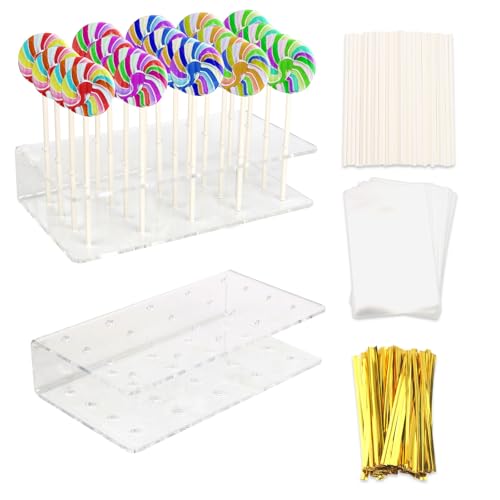 2 Stück Cake Pop Ständer mit 100 Cake Pop Stiele,Transparent Süßigkeiten Ständer,20 Löcher Lutscher Stände,Cake Pop Zubehör,für Hochzeit Geburtstag Dessert Tisch Party Deko