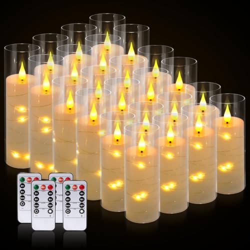 Image of 24 Pack Flameless Candles with Embedded Star String Fairy Lights, Battery Operated Candles, LED Candle, Fake Candles with Remote Control and Timer, White,(D2.2 x H 5 inch 6 inch 7 inch)