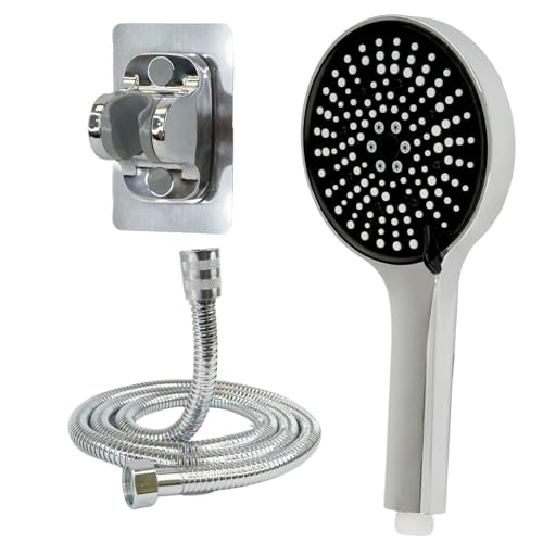 AKOKAN® Alcachofa de Ducha 6 velocidades con Manguera de acero inoxidable y Soporte Adhesivo | Kit completo de Teléfono Ducha para baño con soporte adhesivo y manguera de 1,5 mts - Diseño moderno.