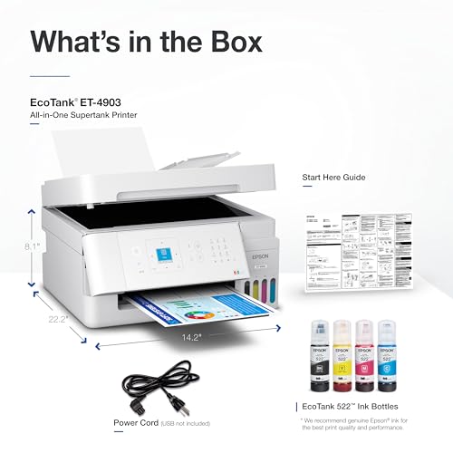 Image of Epson EcoTank ET-4903 Wireless All-in-One Color Supertank Printer with up to 3 Years of Ink, Refillable Tanks, Perfect for Home Office, 11 PPM, 1.44 inch Color Screen, Built-in Scanner, Fax, ADF - White