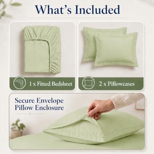 Image of LANE LINEN 100% Organic Cotton Fitted Bedsheet for King Size Bed - Sea Foam | GOTS Certified, Percale Weave, 78x72 inches, Fits Upto 12 inch Mattress, Soft, Breathable, Washable, 2 Pillow Covers