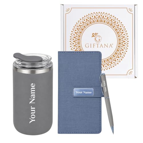 Image of Giftana Personalized Diary with Pen, Coffee Tumbler with Name, 3 in 1 Diary, Pen, Tumbler, Personalized Gifts for Husband Birthday, New Year Corporate Gifts for Employee (Grey)