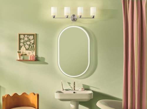 Image of Kichler Gioe 32.25 in 4-Light Bathroom Vanity Light Fixture with Opal Glass in Brushed Nickel, Modern Wall Mount Over Mirror for Powder Room, Damp Rated (32.25 in W x 10.5 in H), 55227NI