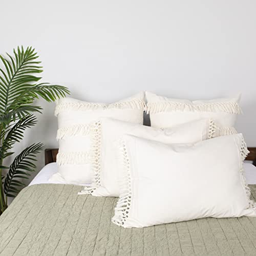Jng Kraftlab Cream Boho Pillow Shams Shabby Chic Macrame Pillowcases Tassel Fringe Lace Trim 100% Cotton Standard Size 20X26Inch Pretty Vintage Classic Farmhouse Set Of 2 Zipper Closure By Jng Kraftlab thumb #3