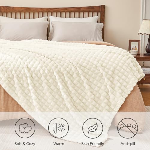 Image of BEDELITE 3D Checked Cream Fleece Throw Blanket for Couch, 50x70 Inch
