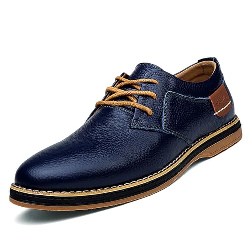 Image of Men's Genuine Leather Hand Stitched Dress Oxfords Fashion Plain Toe Lace up Low Top Formal Business Office Derby Shoes Daily Non-Slip Soft Sole Casual Shoes