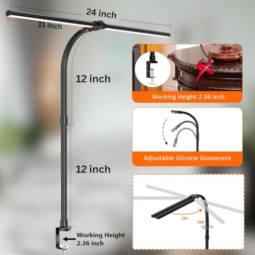 Image of Double Head LED Desk Clamp Lamp Light- with Adjustable Arms, Eye-Caring, 5 Color Modes, 3 Level Brightness, Office Lamp for Monitor, Studio, Workbench & Reading - Black (Adaptor Included)