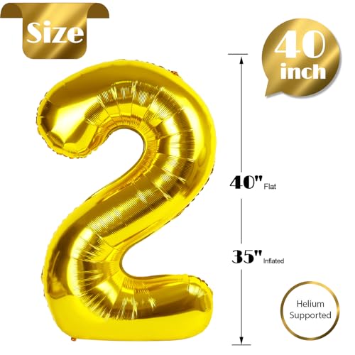 Image of Gold 2 Balloon, Number Balloon 40 Inch, Two Balloon Number Birthday Decorations, Second 2nd Birthday Party Supplies, Number 2 Balloon
