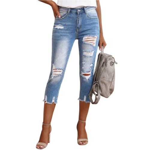 fanmpghleoo Capri Jeans for Women Stretch Frayed Hem Ripped Jeans Lightweight Denim Capris with Pockets Summer Denim Joggers