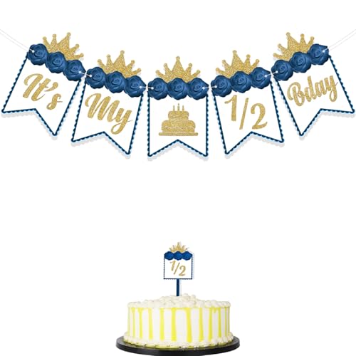 Image of Rozi Decoration Its my Half Birthday Blue Banner Pack of 1 Set Half Birthday Decoration for Baby | Blue Happy Birthday Banner | Prince Half Birthday Decorations | Blue half birthday banner - 1 set - prince theme - baby boy - half birthday decoration - hanging decor