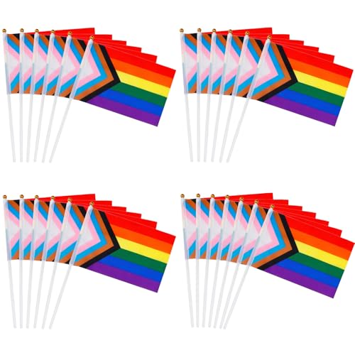 25 Pcs Small Rainbow Pride Flags 5.5 x 7.8 Inch Mini Handheld LGBTQ Flags Handheld Progress Rainbow Flags on Stick for Gay Lesbian Party Parade