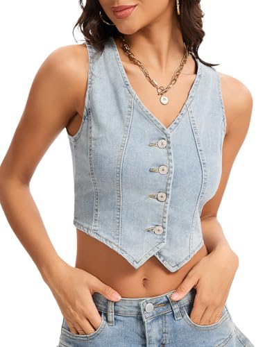 Womens Denim Vest Sleeveless V-Neck Button Down Blue Jean Vest Top For Women Country Concert Tops