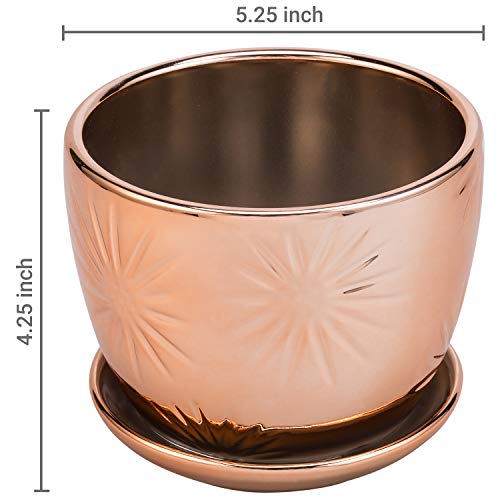 Mygift Rose Gold Ceramic Indoor Plant Pot With Drainage Hole And Decorative Sunburst Design, 5 Inch Round Succulent Planters With Attached Saucers, Set Of 2 #TOP3