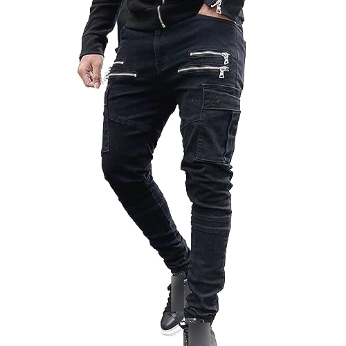 Maiyifu-GJ Men's Multi-Pocket Zipper Slim Overalls Body-Building Sweat-Absorbing Sweatpants Cotton Breathable Casual Pants (Black,Large)