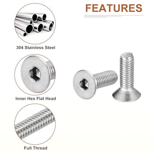 Image of DTGN M5-0.8 x 16mm Flat Head Socket Cap Screws, 100 Pack 304 Stainless Steel Hex Socket Flat Head Screws, Full Thread, Countersunk Bolts