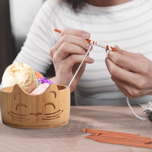 Image of Wooden Yarn Bowl for Crocheting, Knitting Bowl Yarn Holder Bowl with Holes, Yarn Storage Bowls for DIY Knitting and Crochet, 6.7 inch x 3.9 inch