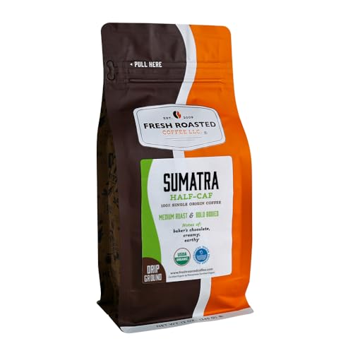 Image of Fresh Roasted Coffee, Organic Sumatra Water-Processed Half-Caf Drip Ground Coffee, Medium Roast, USDA Organic, 100% Single Origin, Kosher, 12 oz