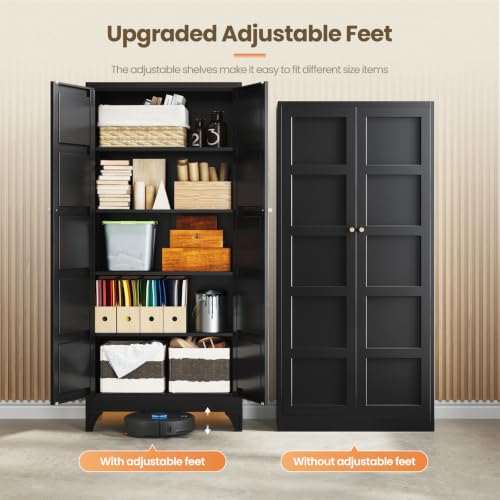 Image of Yizosh Metal Storage Cabinet with 2 Doors and 4 Adjustable Shelves - 71 inch Black Kitchen Pantry Storage Cabinet,4-Tier Tall Steel Cabinet Locker for Living Room,Dining Room,Kitchen