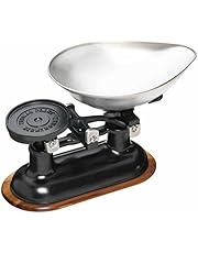 Living Nostalgia Mechanical Kitchen Scale with Bowl in Gift Box, Scale made of Cast Iron with Acacia Wood Stand, Black