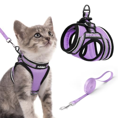 Image of rabbitgoo Cat Harness and Leash Set, Step-in Soft Vest, Light Purple | Escape Proof, Lightweight, Easy-on & Adjustable, Hook & Loop with Buckle, Reflective, for Kittens & Small Cats Walks, S