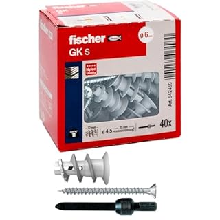 Fischer 542459 40 Tasselli GK con Vite specifici per Cartongesso, Include Accessorio di Montaggio, Grigio, 40 pz con vite