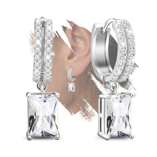 Hoop Earrings for Women with Dangle - Sterling Silver Square Drop Earrings Hollow Cubic Zirconia CZ Double Huggie Earrings Trendy Jewelry Gifts for Christmas