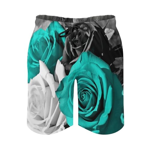 Mens Shorts Black White Teal Gray Rose Flowers Men Swim Trunks Quick-Dry Beach Shorts with Drawstring Pocket Bathing Suit 2XL4