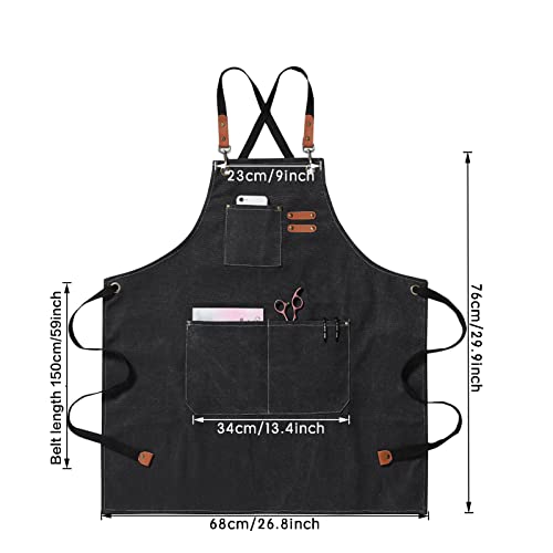 jiuzcare Mens Apron Cross Back Work Apron with Pockets BBQ Apron for Men Heavy Duty Chef Cooking Apron (Adjustable Comfortable Barista Barber) Black - Image 2