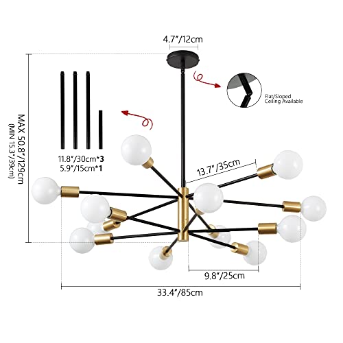 Kaisite Modern Sputnik Chandelier - 12-Light Black And Gold Chandelier Mid Century Led Pendant Lighting Height Adjustable Ceiling Light Fixture For Kitchen Dining Room Living Room Bedroom #TOP1