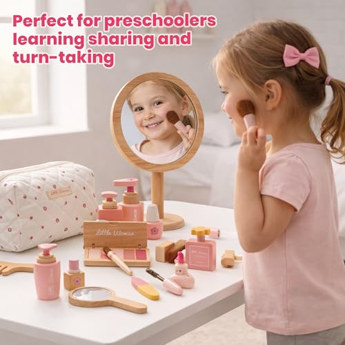 Image of WUDLY Wooden Makeup Toy Set for Girls, Lightweight Portable Play Beauty Kit with Soft Carry Bag, Safe Non-Toxic Wooden Cosmetic Accessories, Birthday Gift for Kids Age 3 4 5 6 7 8 Year Old