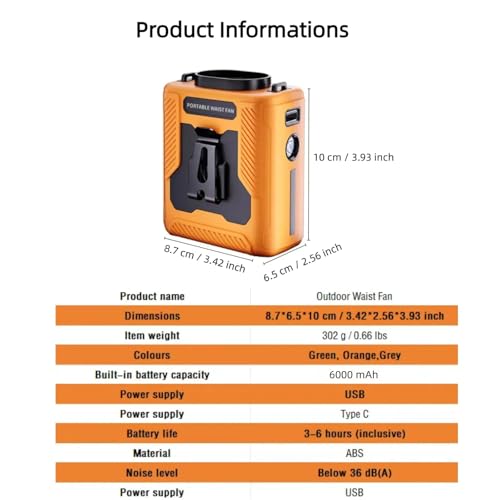 Ventilateur de taille ThreeH 100 vitesses portable et orange étanche - 8