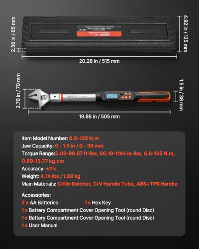 Image of VEVOR Torque Wrench 0-1.5 in Adjustable Jaw Opening Digital Torque Wrench, Open-End Jaw, 4 Display Units, ±2% Accuracy, LCD Screen, with Buzzer and LED Indicator, for Pipe and Automotive Repair
