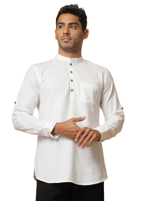 Image of Vastraa Fusion Men's Handloom Weaving Pure Cotton Short Kurta, Round Collar, Full Sleeves,Button Kurta, Ethnic Wear