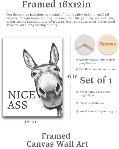 UPWOIGH Funny Bathroom Wall Art Decor, Black and White Donkey Wall Art, Waterproof Wood Framed Canvas Wall Art Animals Abstract Prints, 12x16in High-end Pictures for Dormitory Kids Room 1 Pack