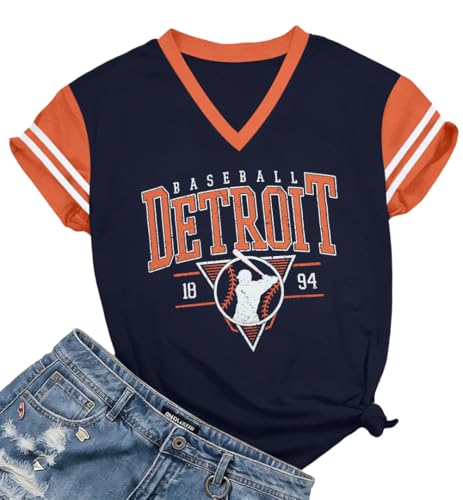MOUSYA Baseball Shirt Women Baseball Mom Shirts Game Day Fan Gifts Ballgame Graphic Tee Weekend Vneck Short Sleeve Tops Dark Blue