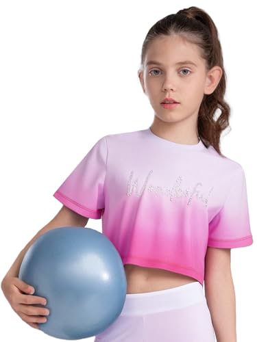 YEAHDOR Kids Girls Gradient Print Short Sleeve T-Shirts Hip Hop Dance Tops Gymnastics Athletic Yoga Shirts3