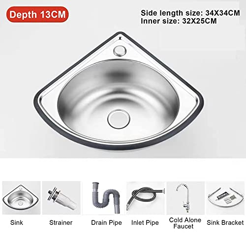 Kitchen Corner Sink, Single Bowl Stainless Steel Sink, With Drainer Unit And Tap, Triangle Bathroom Wash Basins For Outdoor Indoor, Garage, Laundry/Utility Room, Restaurant 34X34Cm-Depth13Cm #TOP7