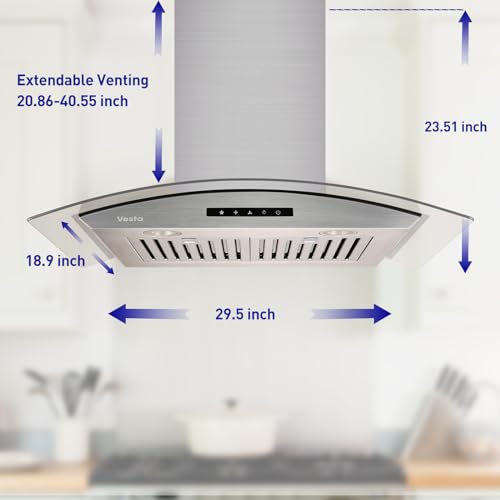 Vesta VESTA-WALL-MOUNT Rome 30 Inch Range Hood, 800Cfm Wall Mount Curved Glass Stove Vent Hood thumb #2