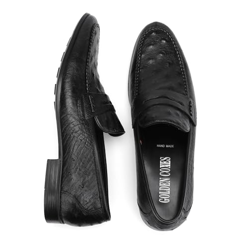 Men's Casual Genuine Leather Dress Shoes Premium Ostrich Printed Driving Moccasins Party Wedding Slip-on Penny Loafers for Mens, Black4