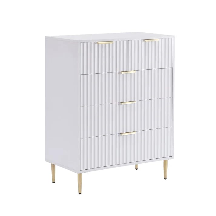 Image of Wooden Chest of Drawers | 5 Drawers Dresser Console Cabinet for Bedroom, Living Room, Drawing Room & Office | Sideboard Multipurpose Storage | HDMR Premium Wood & Iron (White & Golden)