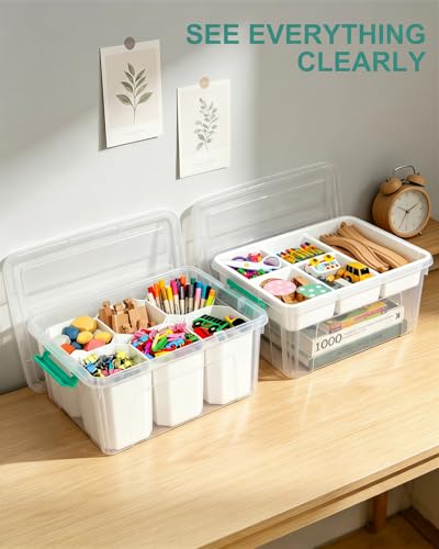 Image of EOENVIVS Clear Storage Boxes with 6 Tall Inserts, Large Plastic Organizer Box with Lid and Handles, 15.94x11.61x7.28 Inches, Multi-Functional Container for Cosmetics, Toys, School Supplies