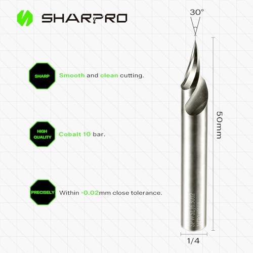 SHARPRO Chamfer Router Bits V Groove O Flute Spiral Router Bit 30 Degree 1/4 Inch Shank CNC Carbide V-bit for Engraving and Chamfering Lettering, Ideal for Wood, Metals(HB125-400) and PVC - Image 2