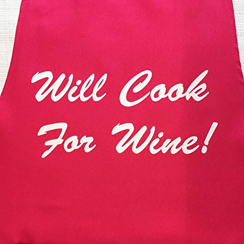 Hot Pink Apron With Pockets - Will Cook For Wine - Machine Washable Polyester Cute Womens Apron, 33 X 23 Inches #TOP4