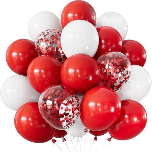 Adeyoo Red and White Balloons - 12 Inch Red White Confetti Latex Balloons Thickened Valentines Balloon for Valentines Day Wedding Birthday Anniversary Engagement Party Decorations