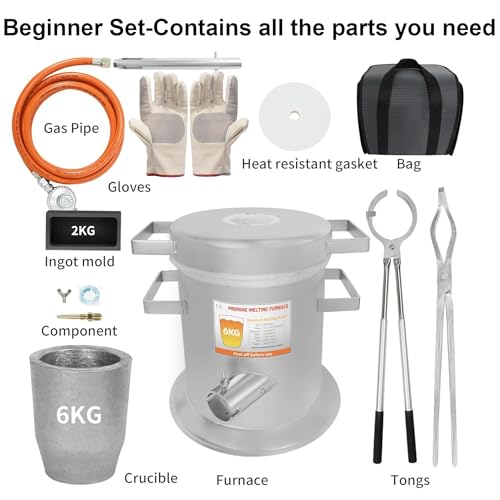 ILOKNZI 6 kg Propangas-Schmelzofen-Set, bis zu 1400 °C, aus Edelstahl-Fass, schmelzendes Metall, mit Graphit-Tiegel, Barrenform und Hochtemperatur-Handschuhen