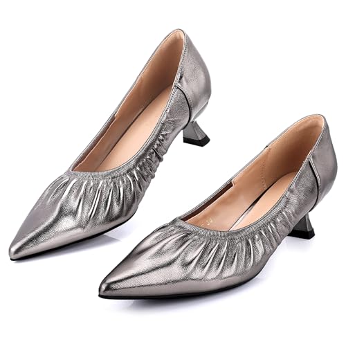Zelaprox Women's Kitten Heel Bridal Shiny Pleated Wedding Shoes Slip on Low Heels Closed Pointed-Toe Comfortable Shoes for Work Office Casual Party Dress Prom Pumps