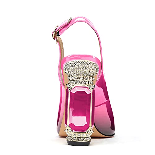 Image of JANSEVEN Women Chunky Heels Pumps Crystal Block Heels with Rhinestones Pointed Toe Sexy Gradient Patent Leather Slip on Bridal Party Wedding Dress Shoes 5-13 M US