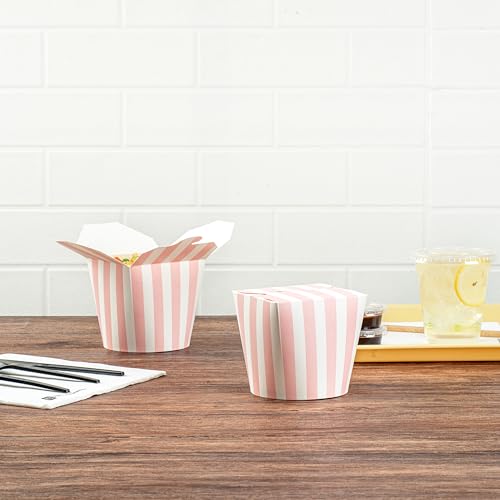 Bio Tek 4 x 3.4 x 3.7 Inch Food Containers, 50 Noodle Takeaway Boxes - Disposable, Striped, Pink And White Paper 26 Ounce Take Out Boxes, Round, For Hot Or Cold Foods - Restaurantware by Restaurantware - Image 3